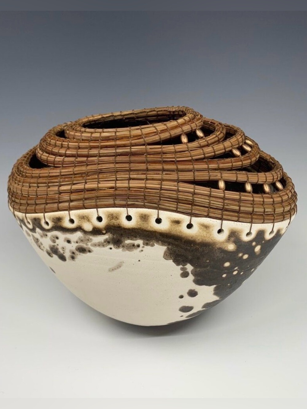 SANDRA MURRAY Pine Needle/Raku Stoneware Sculptural Handwoven Pottery #0715263